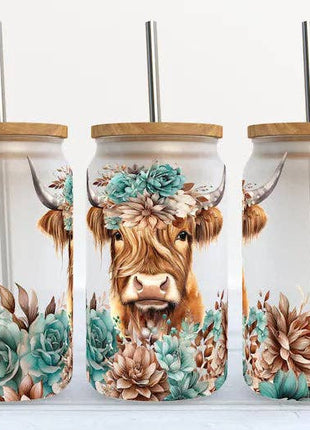 Highland Cow Western Turquoise 16oz Libbey Glass Tumbler
