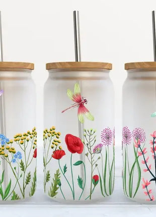  Dragonfly and Flowers 16oz Frosted Glass Tumbler