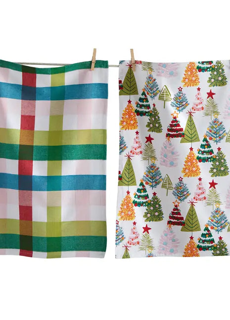 Groovy Christmas Trees Dishtowel Set of 2, 100% Cotton
