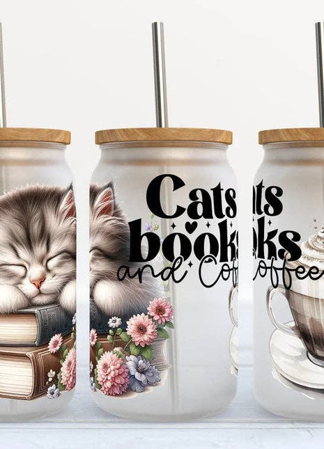Cats Books and Coffee 16oz Frosted Libbey Glass Tumbler