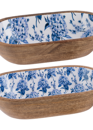 Blue Hydrangea Oval Serving Tray 2 Pc Set