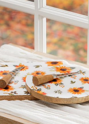 VivaStyle Sunflower Fields Serving Board, Wooden Cheese Board with Knife, Asst of 2