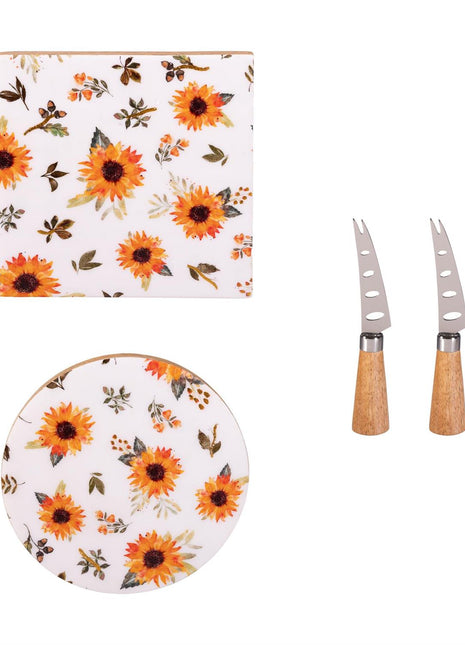 VivaStyle Sunflower Fields Serving Board, Wooden Cheese Board with Knife, Asst of 2