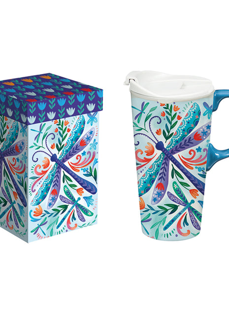 Ceramic Travel Cup w/ Box 17 oz Floral Dragonfly