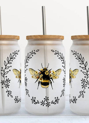Bumble Bee Floral 16oz Libbey Glass Frosted Tumbler