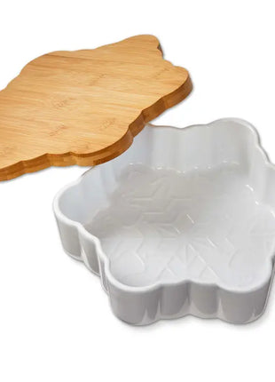 Snowflake Baker with Lid/Trivet White Stoneware