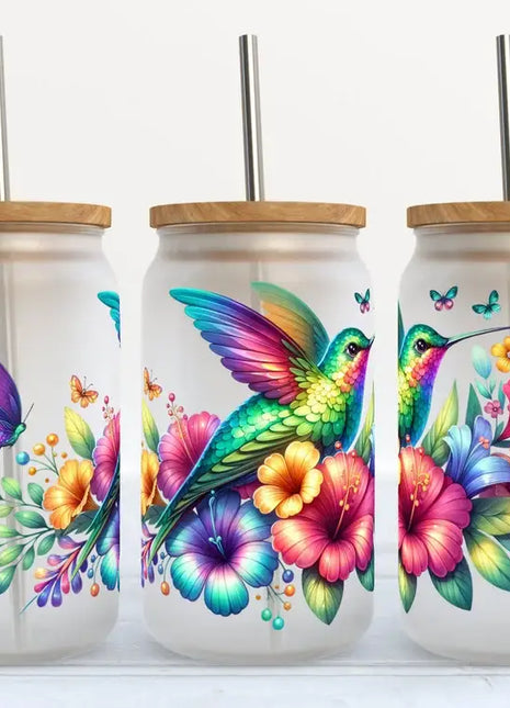 Colorful Hummingbird 16oz Frosted Glass Tumbler