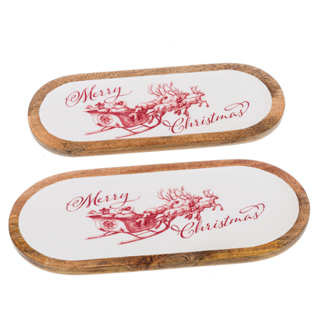 Oval Merry Christmas with Santa's Sleigh Serving Tray (2 pc. set)