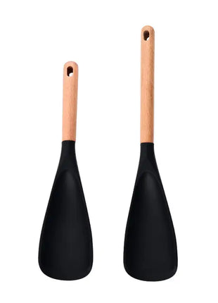 Silicone Cooking Spoon, Heat-Resistant, Wooden Handle (set of 2, 2 Sizes)