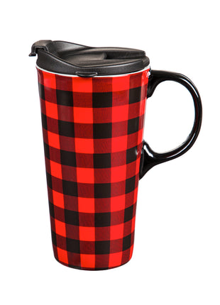 Ceramic Travel Cup w/Box 17 oz Red And Black Buffalo Plaid