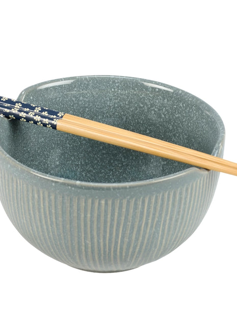 Ribbed Blue Ramen Bowl Set